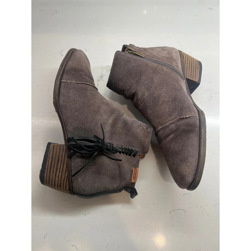 Pikolinos Brown Suede Tassel Ankle Booties Womens Stacked Block Heel Side Zip